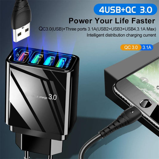 Illuminated 4-Port USB Fast Charger – 3A High-Speed Mobile Phone Charging Adapter