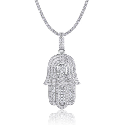 Luxury Crystal Hamsa Hand Necklace | Silver Evil Eye Protection Pendant for Women & Men