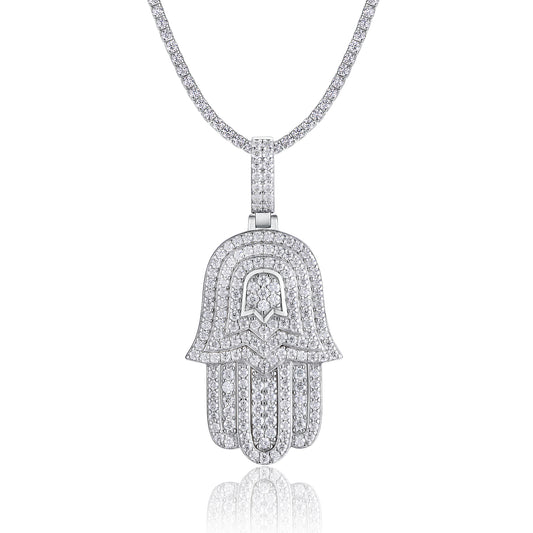 Luxury Crystal Hamsa Hand Necklace | Silver Evil Eye Protection Pendant for Women & Men