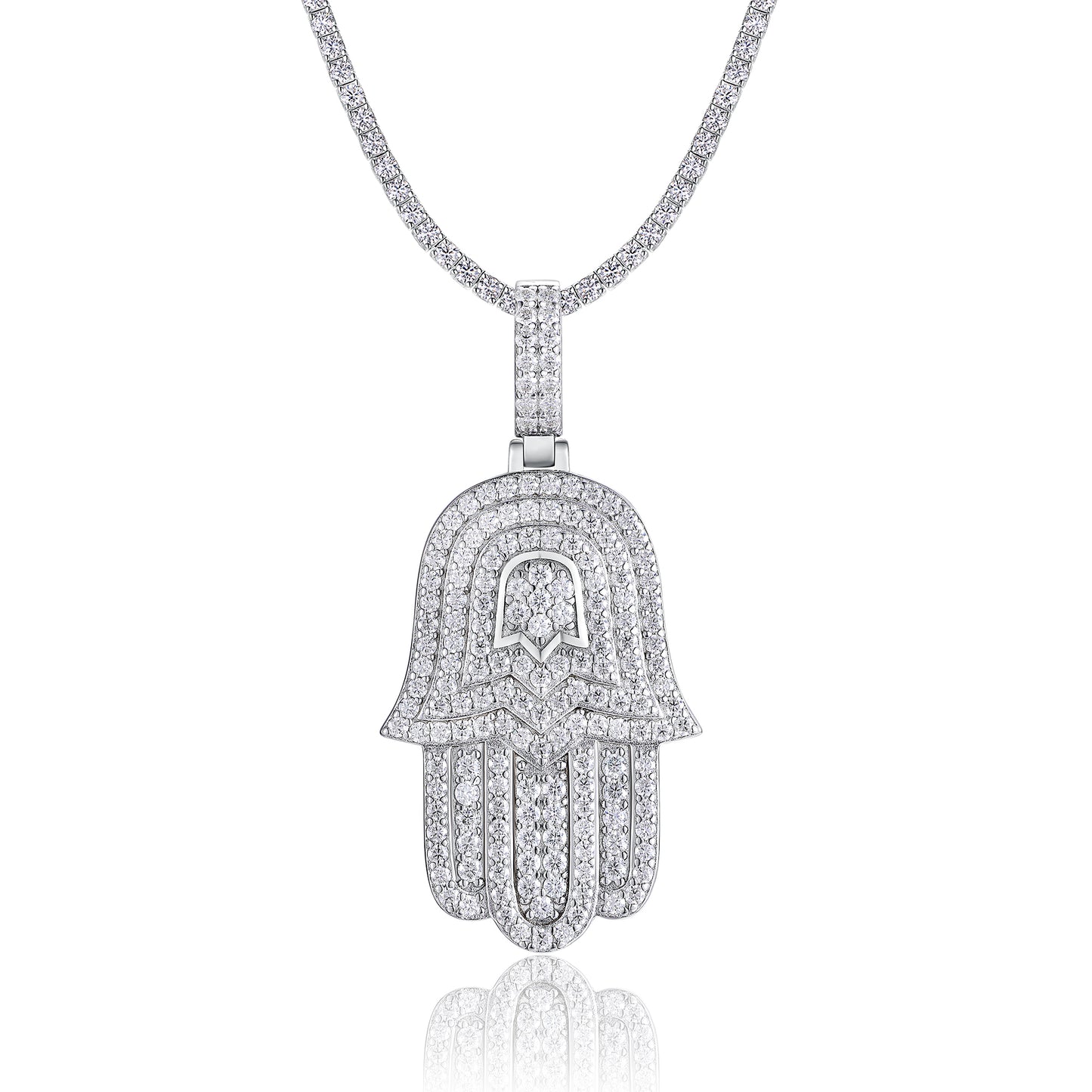 Luxury Crystal Hamsa Hand Necklace | Silver Evil Eye Protection Pendant for Women & Men