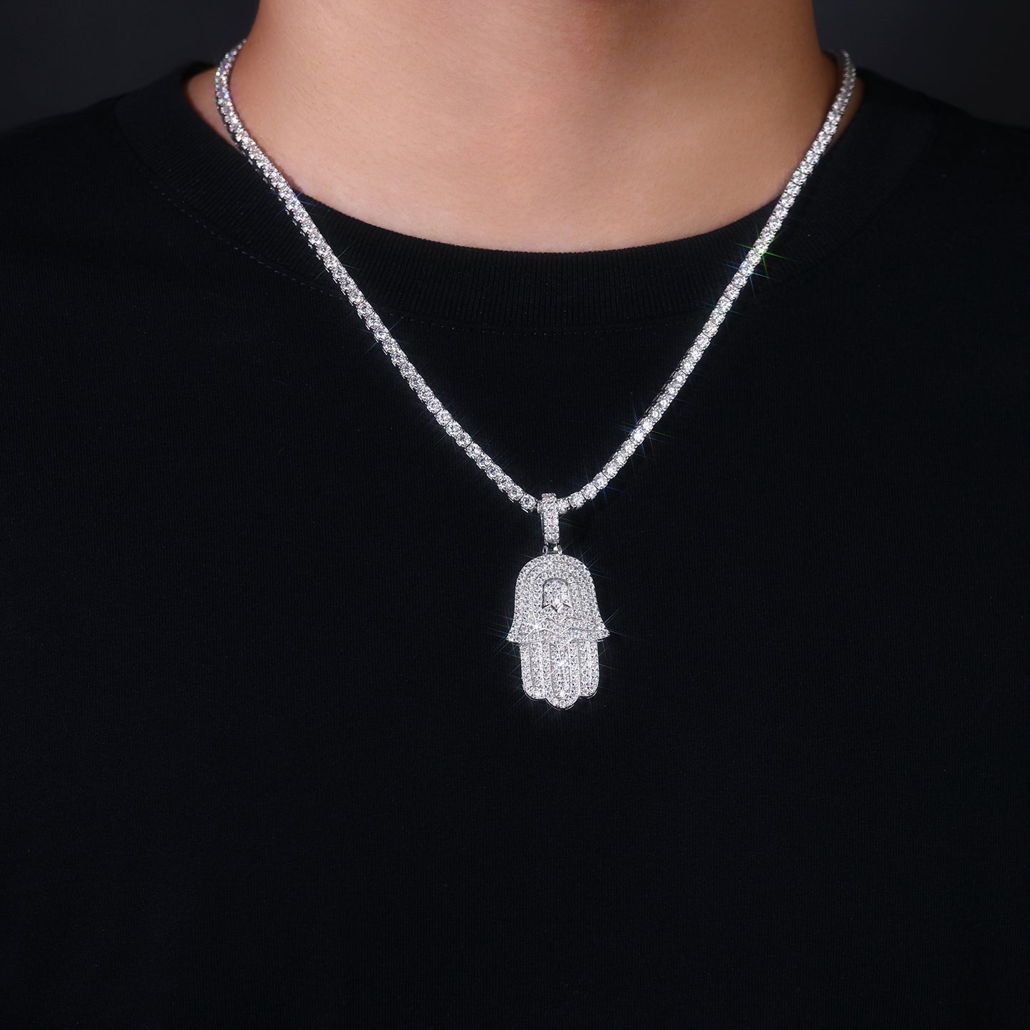 Luxury Crystal Hamsa Hand Necklace | Silver Evil Eye Protection Pendant for Women & Men